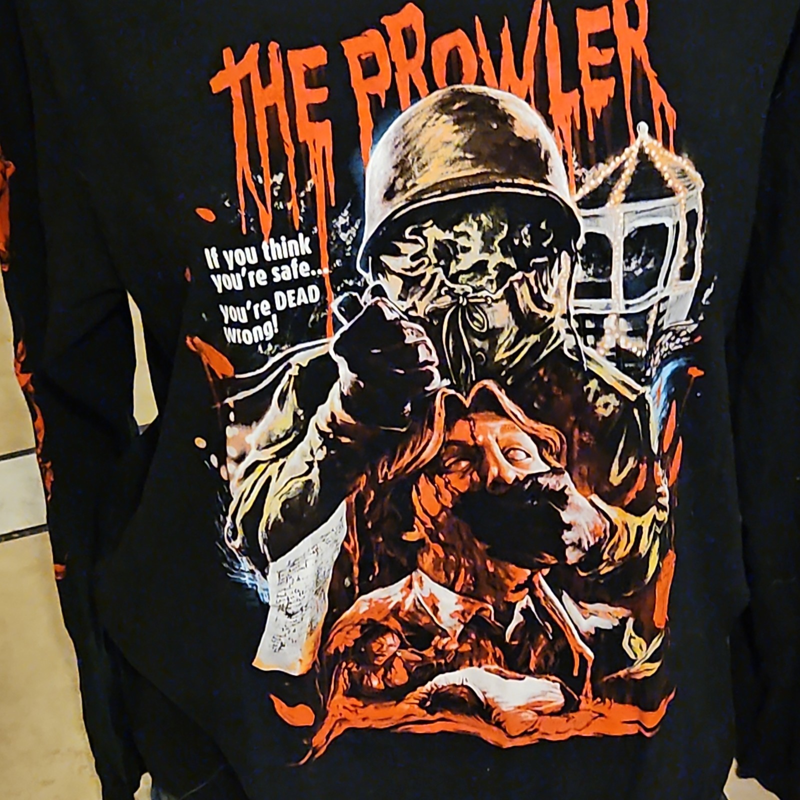 Men's L/XL Black Crew Neck Long Sleeve Graphic Horror T-Shirt "The Prowler" gallery