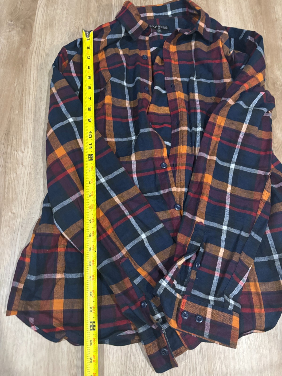 Express Men Button up 17 sz 17.5 Size XL shirt long sleeve plaid navy orange gallery