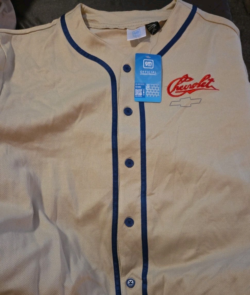 NWT Chevrolet 11 Baseball Jersey Shirt Mens Large Cream Blue GM Licensed Button gallery