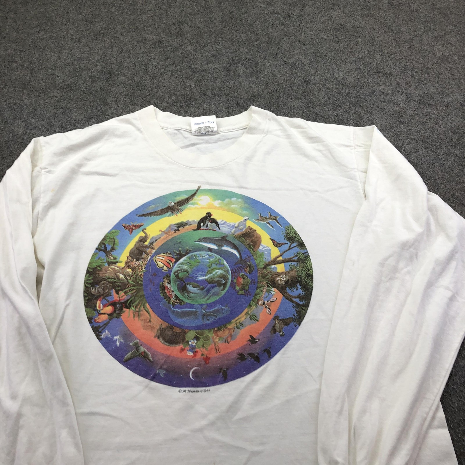 Vintage Human-i-Tees Shirt Mens Large White Nature Animal Earth Long Sleeve 90s gallery