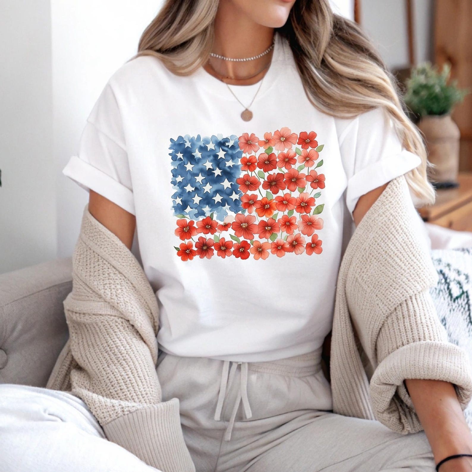 Red Poppy Floral Flag T-Shirt Patriotic Independence Day Shirt gallery