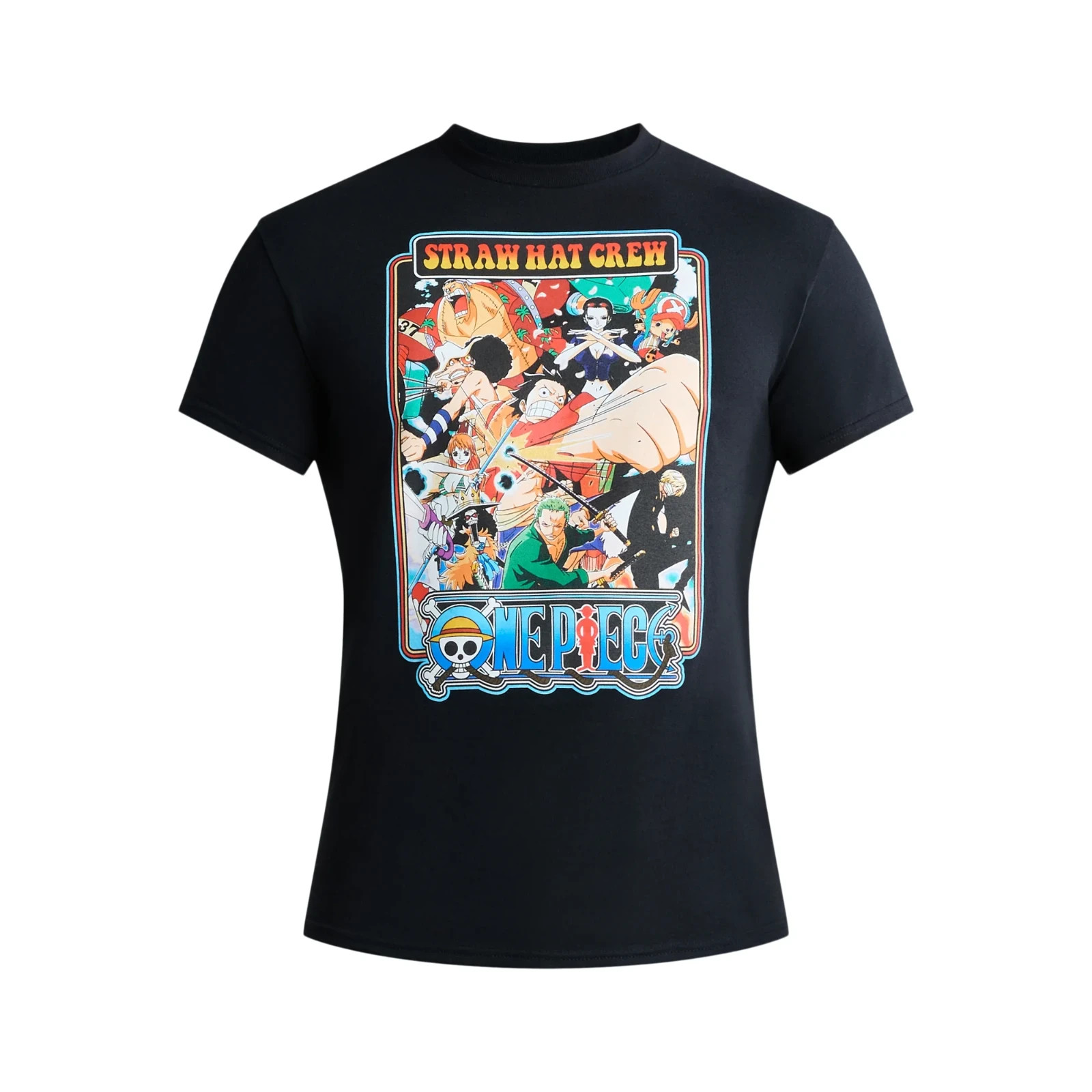 Mens One Piece Straw Hat Crew Short Sleeve T Shirt Black Anime X-Large XL