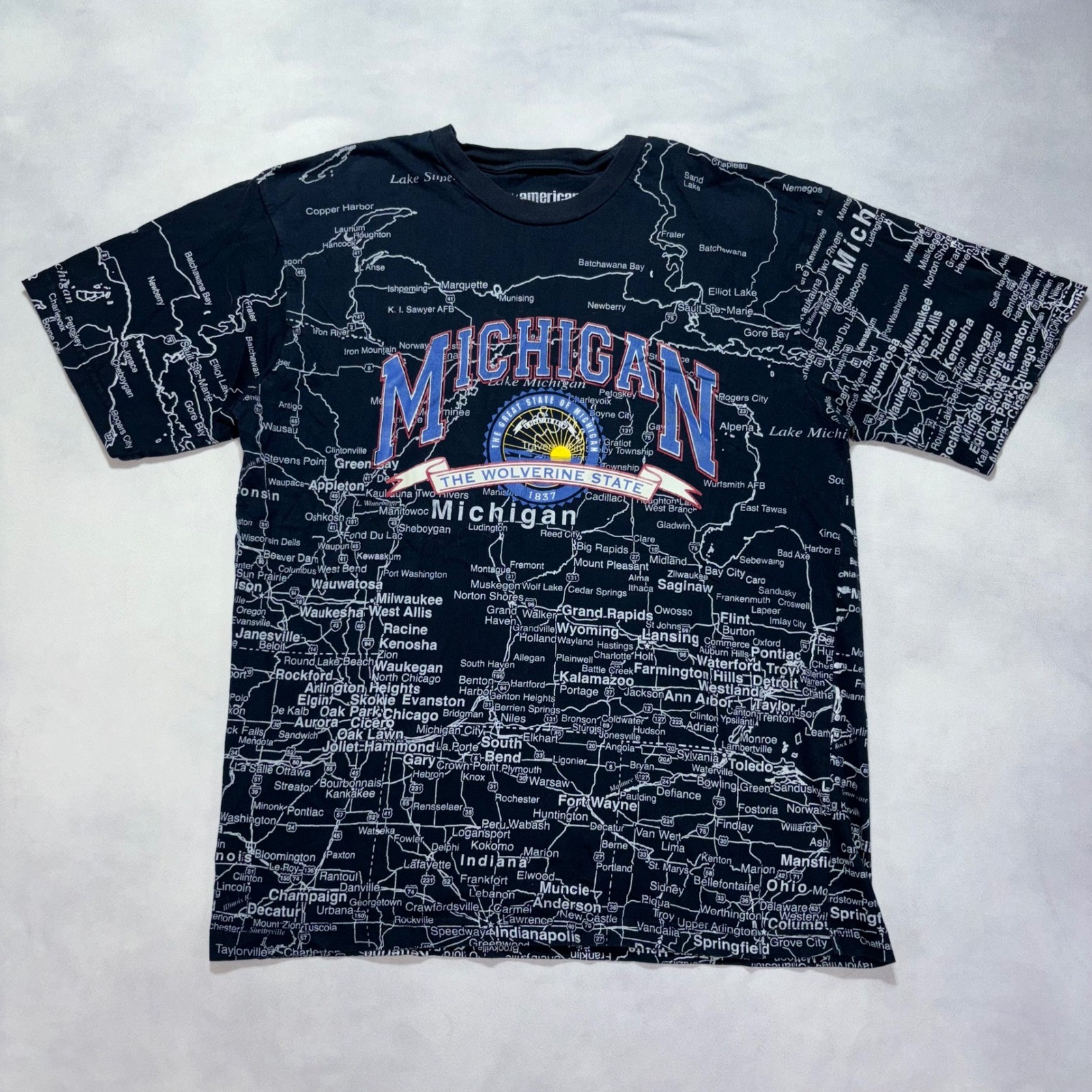 Vintage Michigan All Over Print Map T-Shirt Men’s Medium USA Map Short Sleeve
