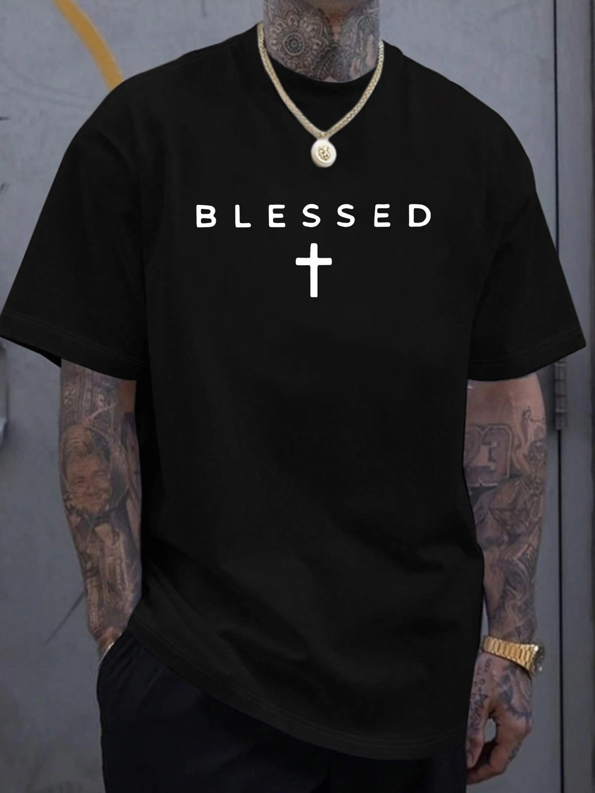 Men'S "Blessed" Cross Print T-Shirt - Casual Crew Neck, Short Sleeve, Lightweigh gallery