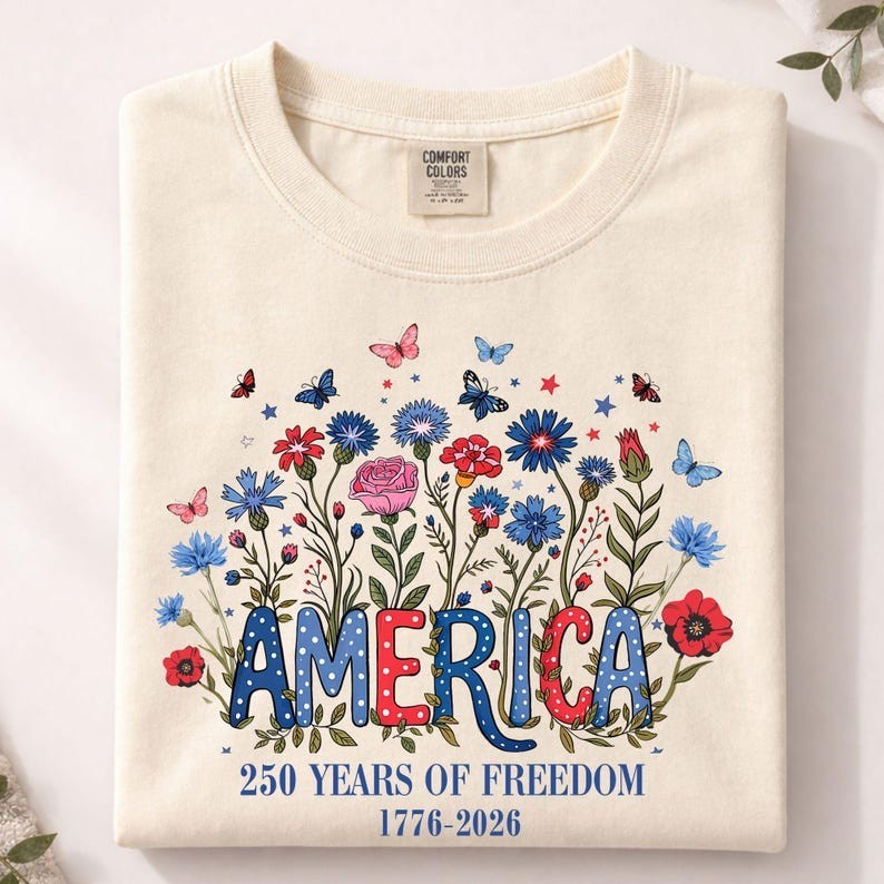 Comfort Colors Floral 250th Anniversary Shirt, Wildflower Independence Day Tee gallery