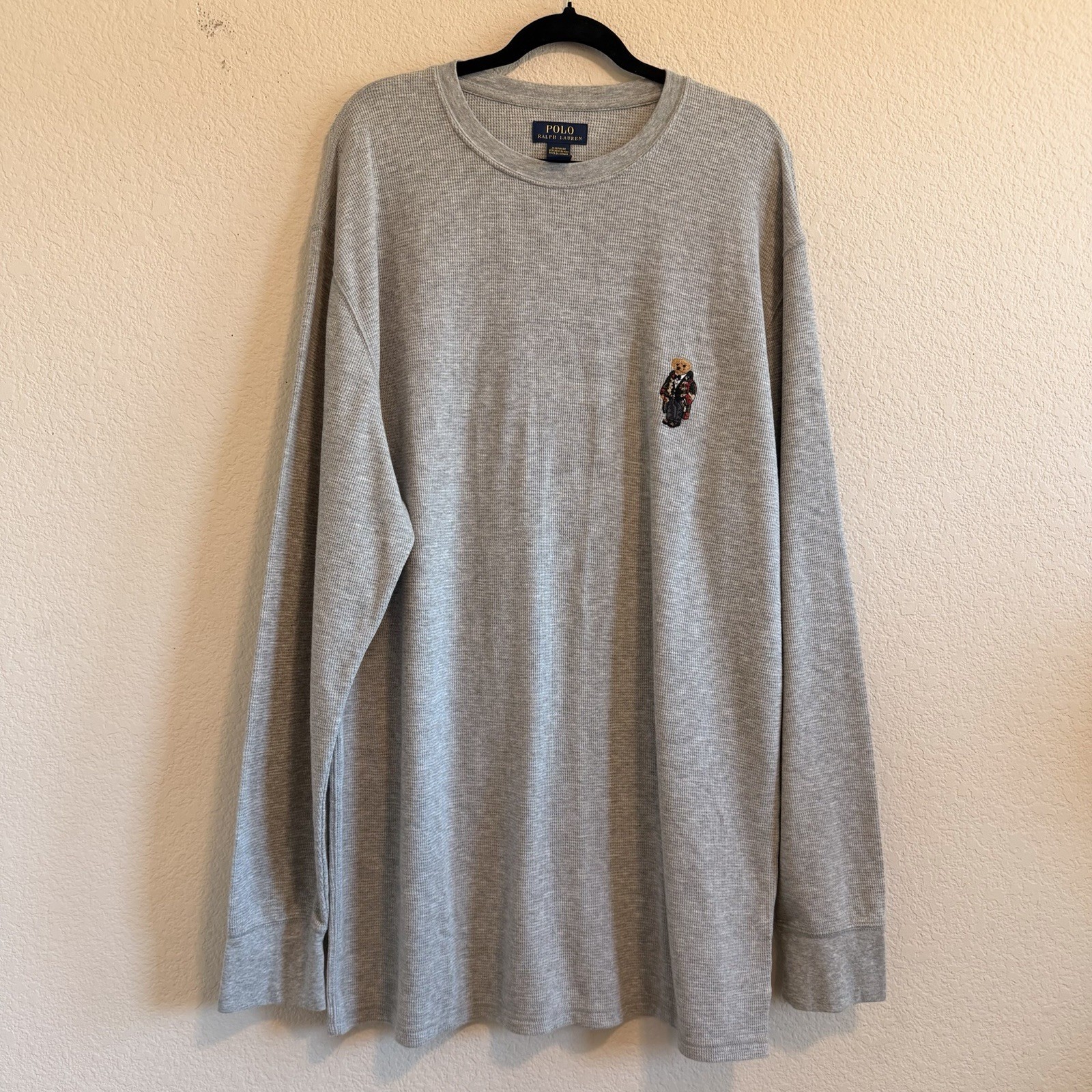 Polo Ralph Lauren Embroidered Bear Gray Waffle Thermal Long Sleeve Shirt Mens 3X gallery