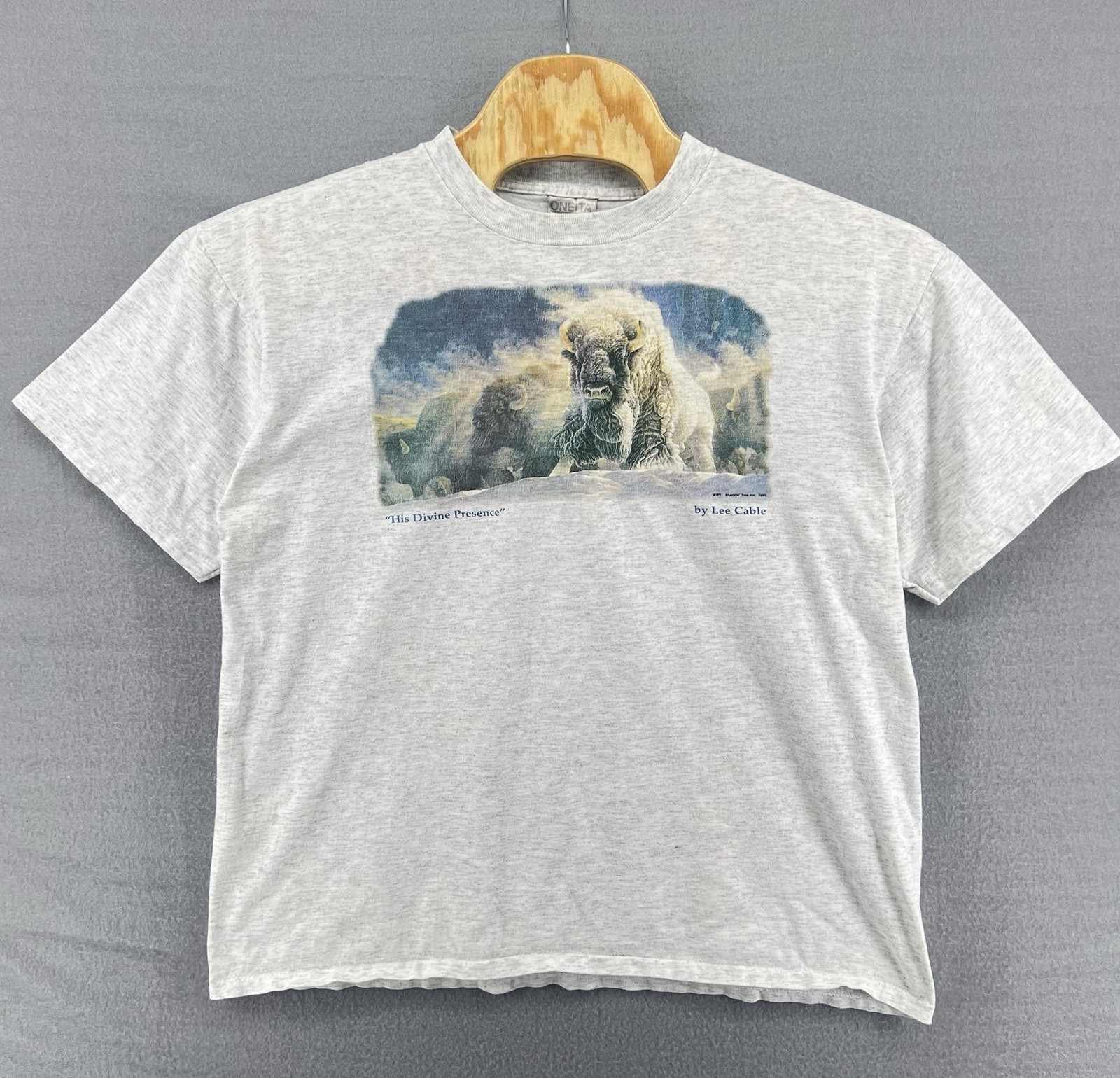 Vintage 90s White Bison Nature Wildlife Graphic T Shirt Single Stitch Sheer Mens