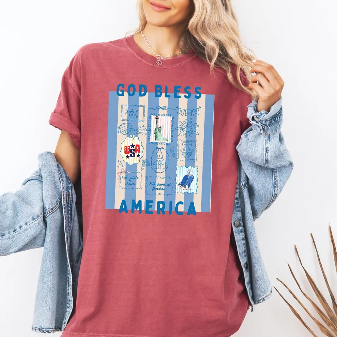 America 250th Anniversary Shirt Patriotic Light Blue Stripes Graphic Tee Women gallery