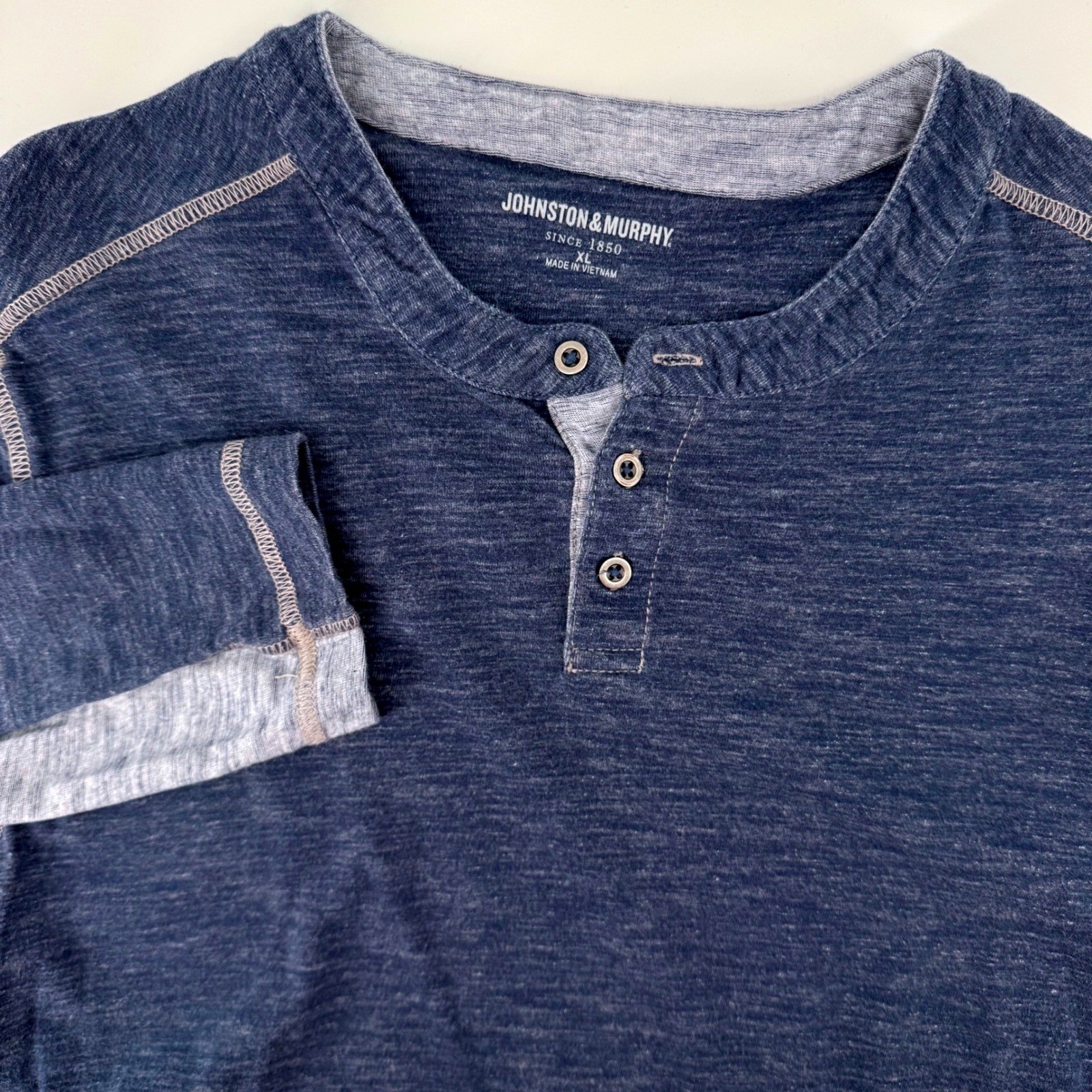 Johnston & Murphy Henley Shirt XL Blue Gray Long Sleeve Cotton Slub Knit 74-3145