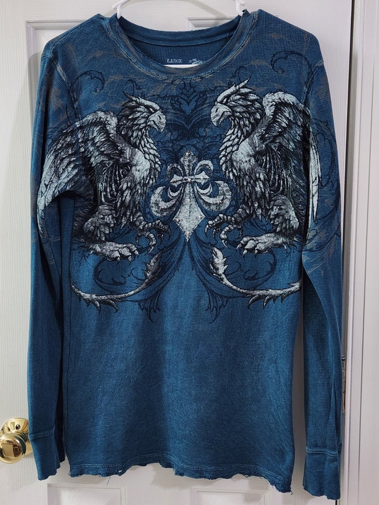 AFFLICTION Men’s Sz L Waffle Thermal Shirt Long Sleeve Distressed AOP