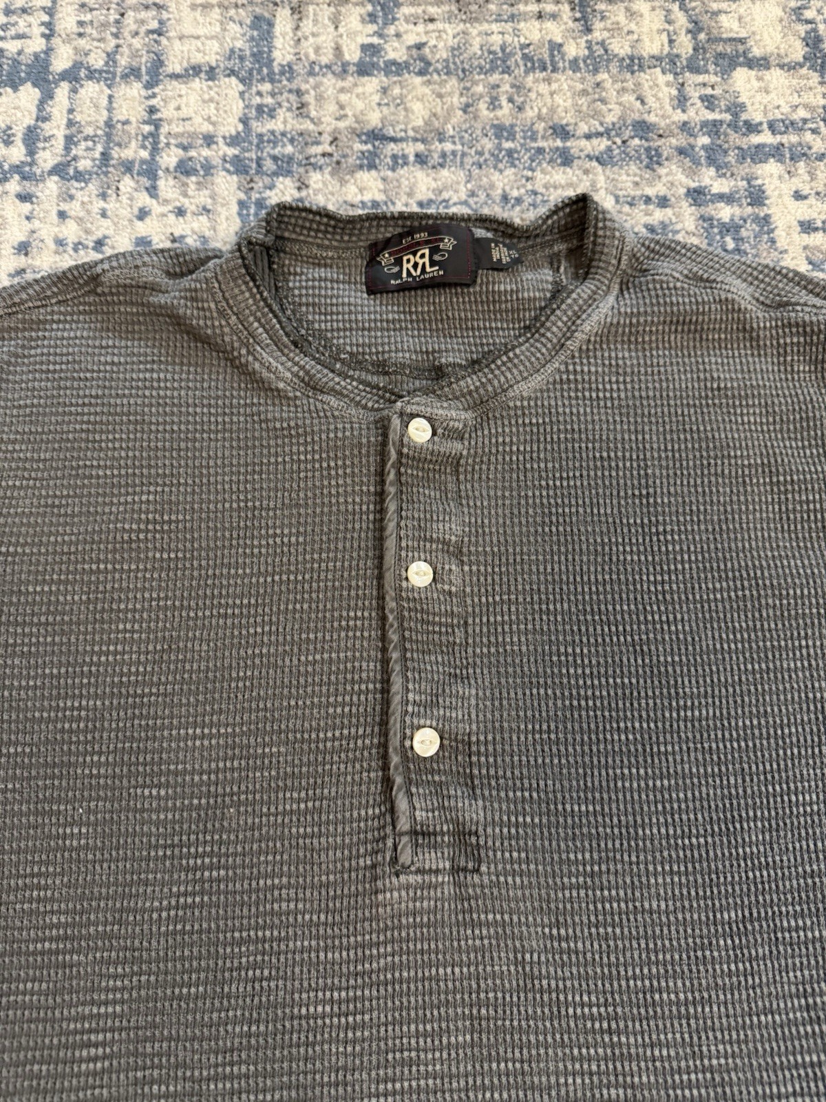 RRL Ralph Lauren Men’s Gray Waffle Knit Henley T Shirt Sz XL Thermal 100% Cotton gallery