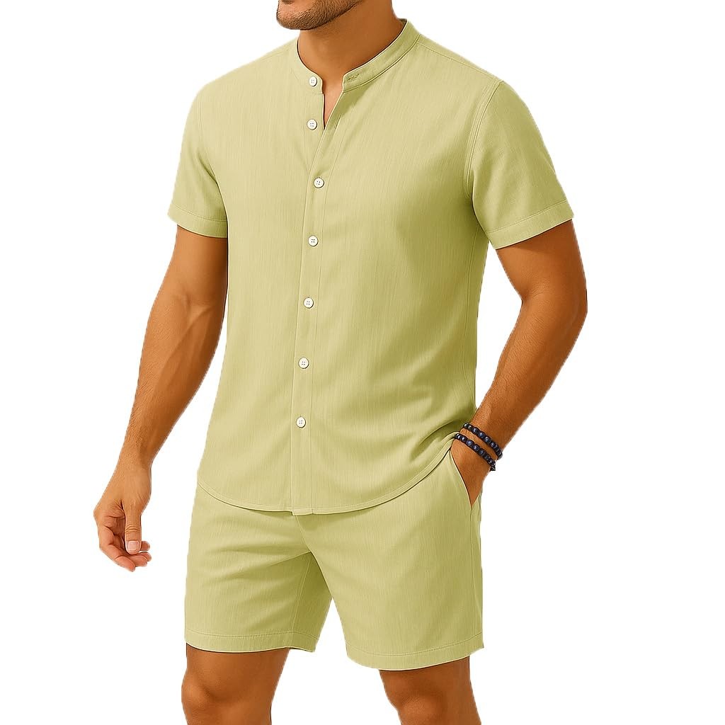 Men's Casual Stand Collar Button Shirt and Shorts Set - Hawaiian Beach Vacati... gallery