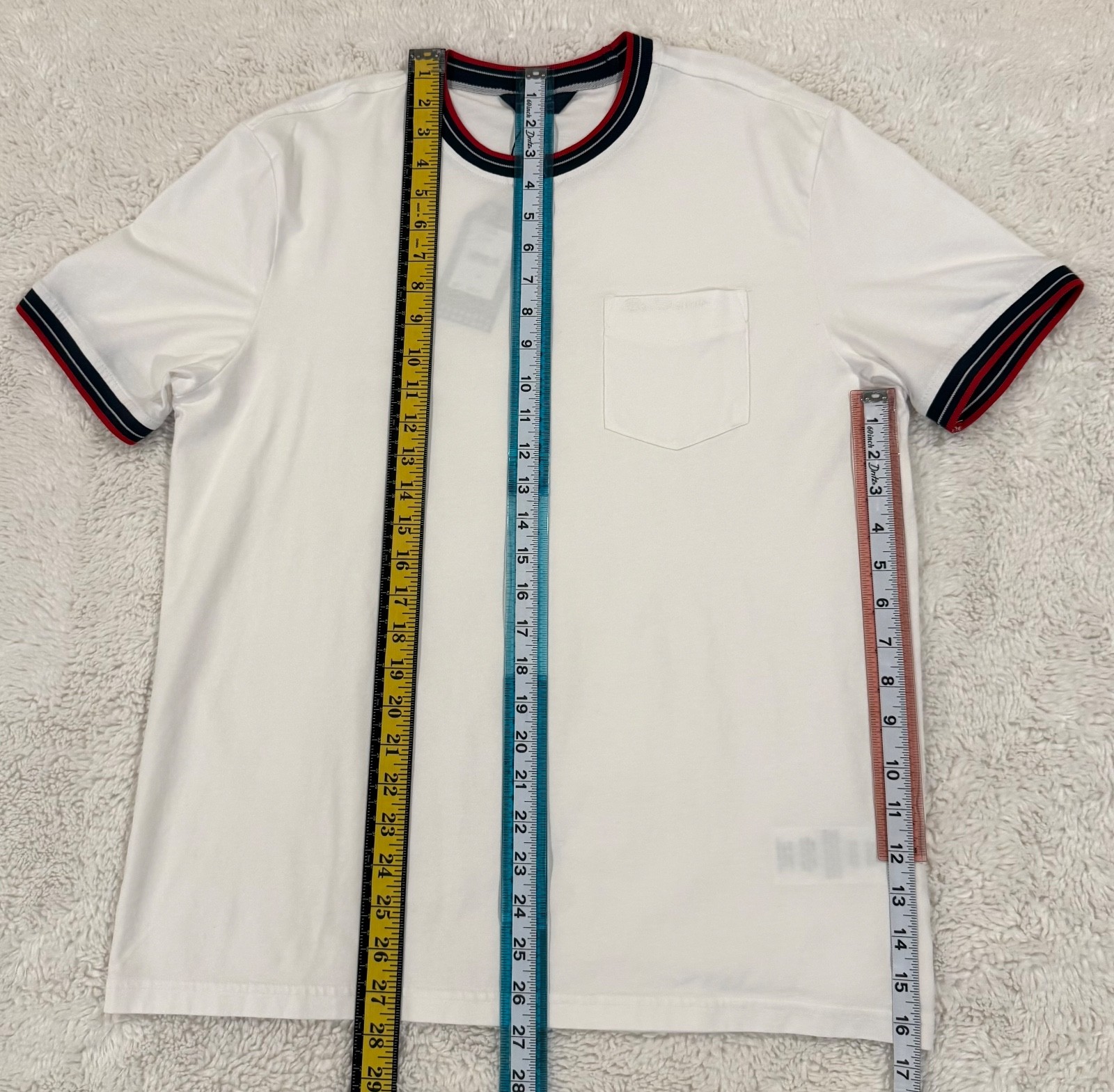 MEN'S BEN SHERMAN WHITE T-SHIRT SIZE M STRIPE COLLAR POCKET COTTON STRETCH TEE. gallery