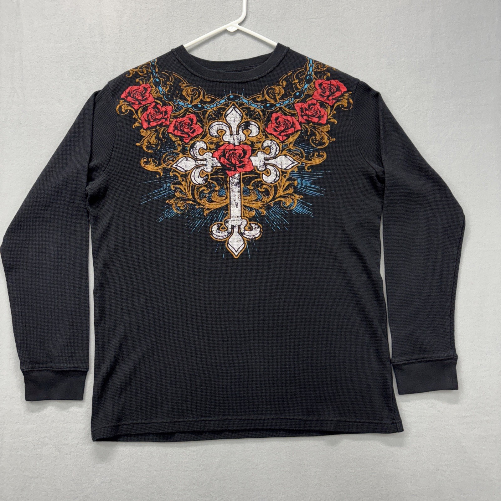 Vintage MMA Elite Black Thermal Shirt Mens XL Long Sleeve Cross Rose Chain Y2K gallery