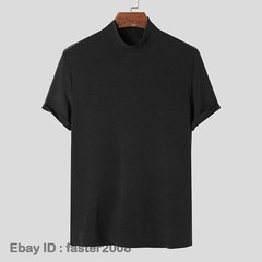 New Mens T-Shirt Short Sleeve Basic Mock Turtleneck Slim Fit Pullover Solid Tops