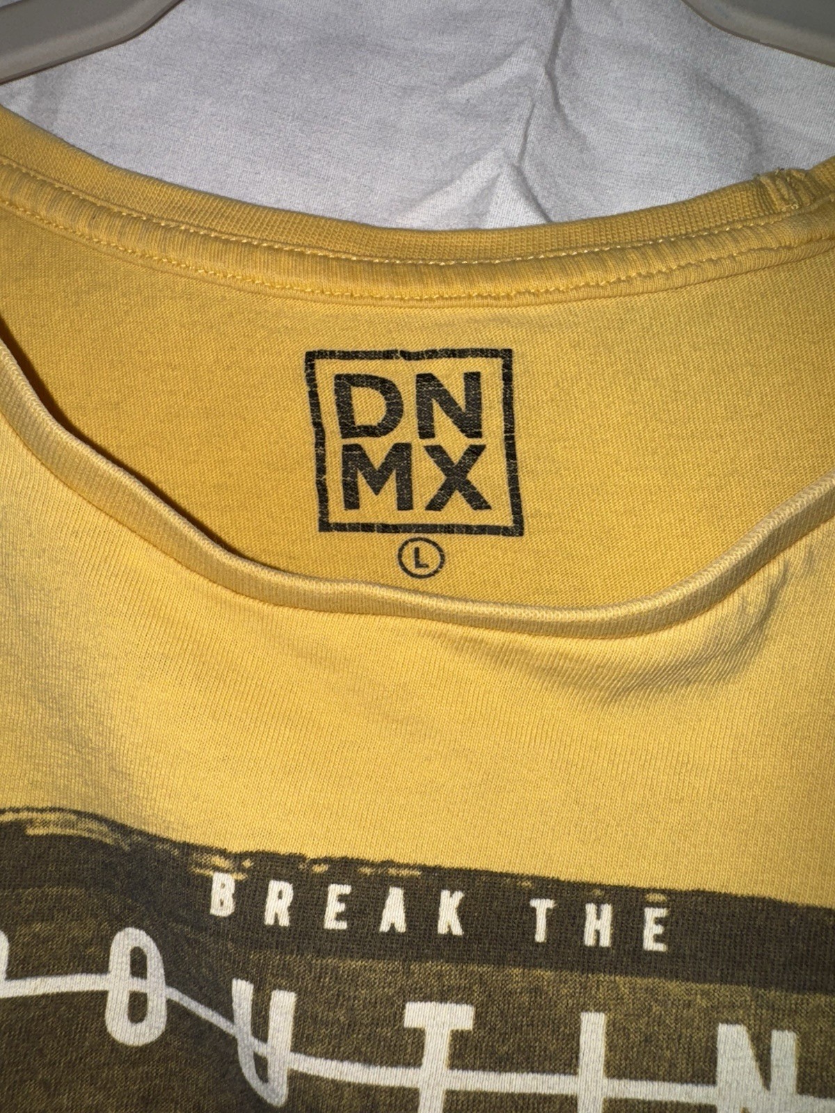DNMX Graphic Tee Large Yellow “Break the Routine” Bottle Shatter Print Shirt gallery