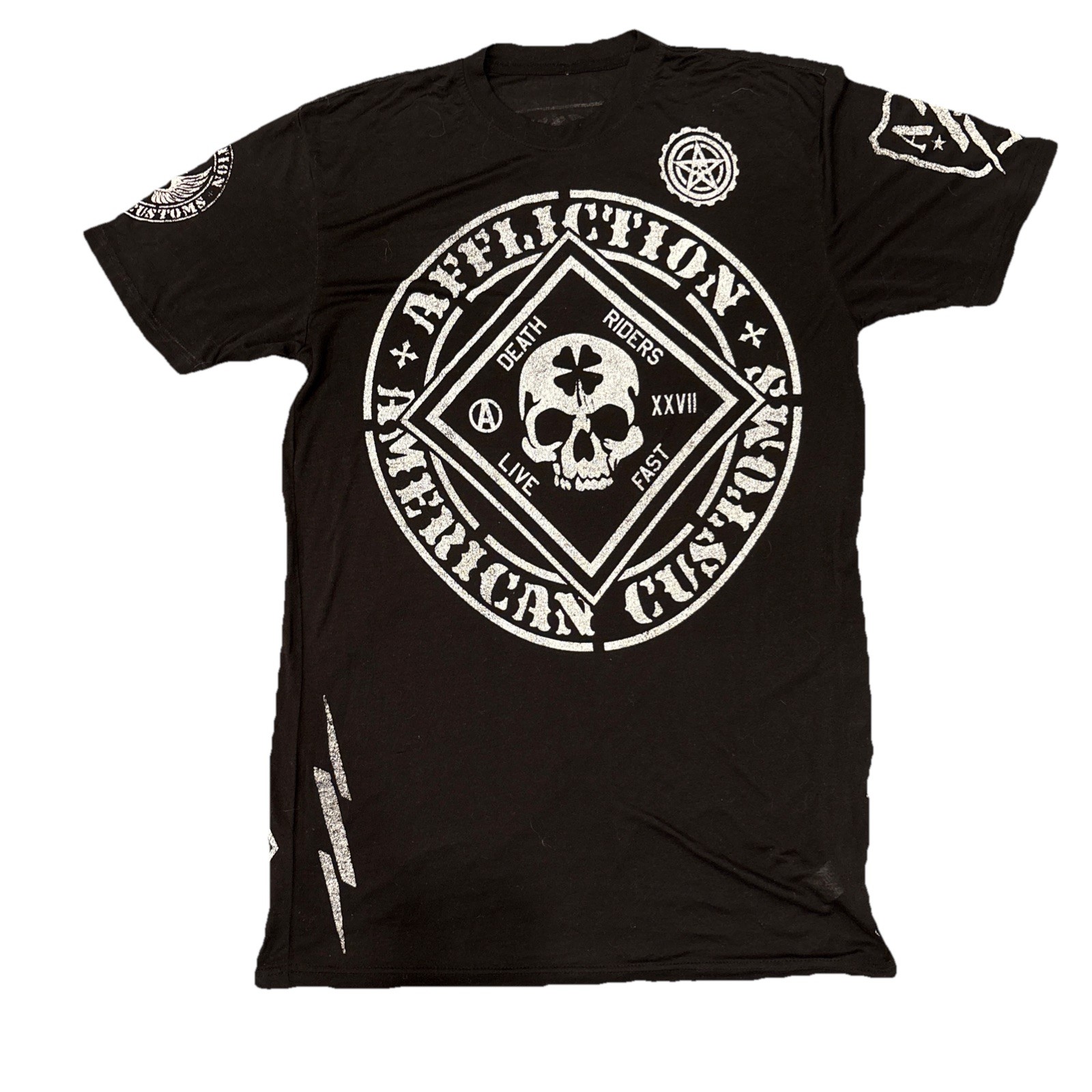 Y2K Affliction Tee Skull L Black Live Fast Death Rider Motor Club Sheer Shamrock gallery