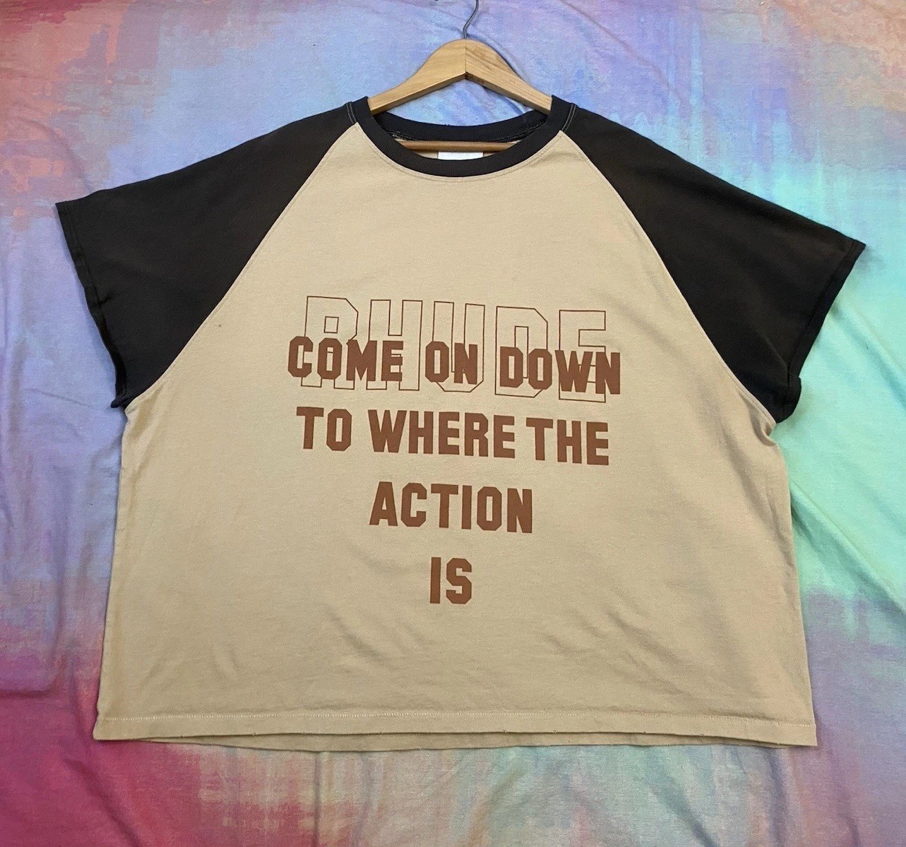 RHUDE Mens Action Short Sleeve Raglan T-Shirt Boxy Fit Distressed Cropped Sz XXL
