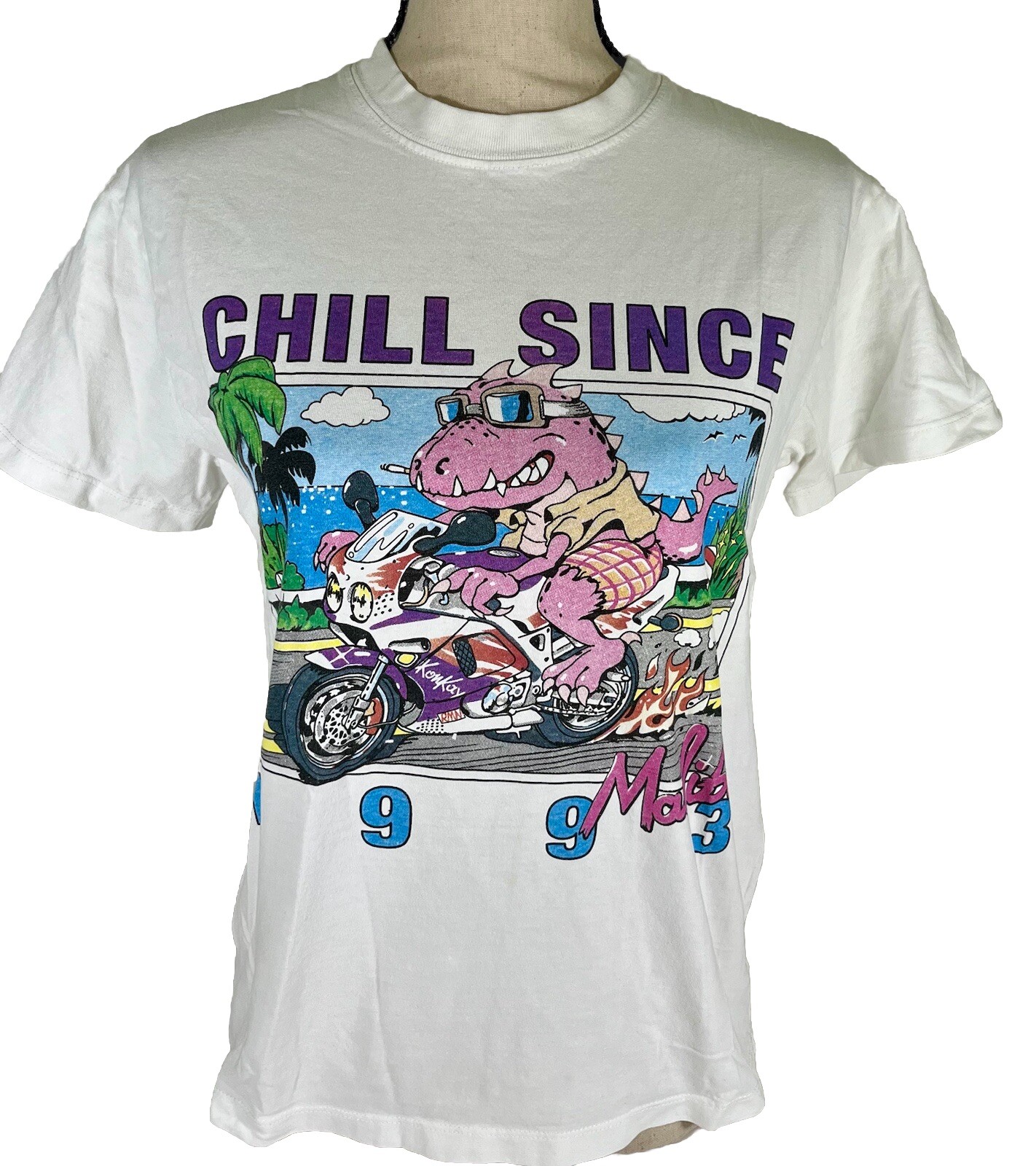 VTG John Galt California Chill Since 1993 Dinosaur Malibu T-Shirt Italy SZ Med gallery