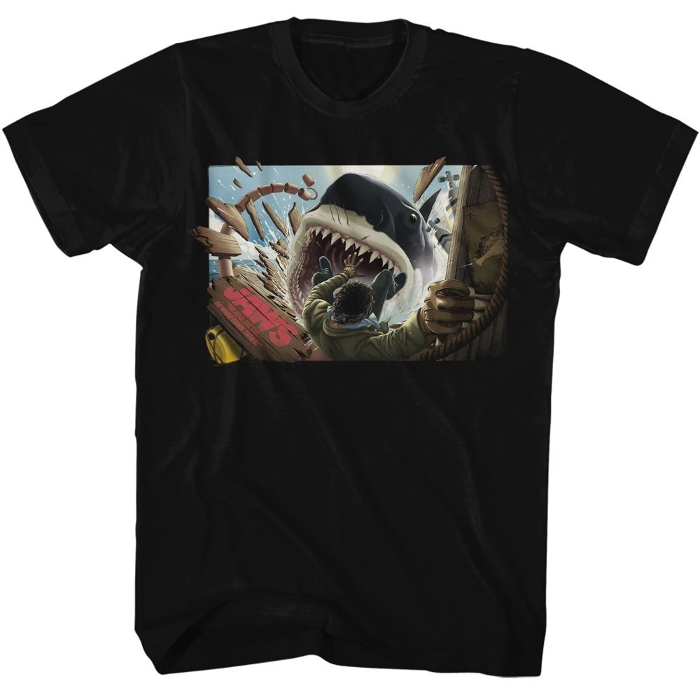 JAWS Movie T-Shirt AMITY ISLAND MAN FALLING IN SHARK New Official Black Cotton gallery
