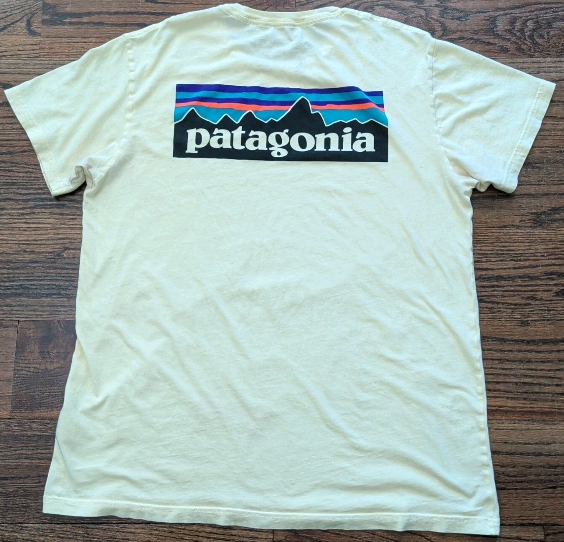 Patagonia Men's Slim Fit T-Shirt Pale Yellow Outdoors Mountain Hiking Logo Sz L gallery