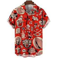 Mens Button Down Sugar Skull Heart Hawaiian Top Novelty Romantic Gothic Shirt