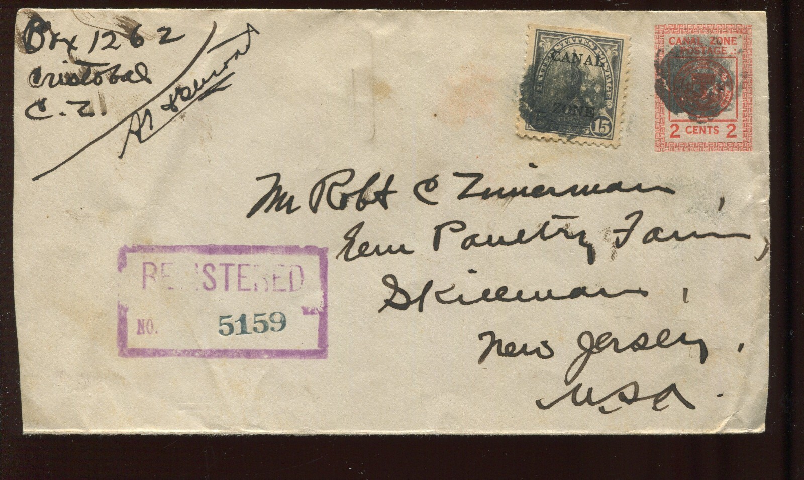 CANAL ZONE U9 UPRATED WITH 90 ON 17 CENT RATE REGISTERED COVER LV4787