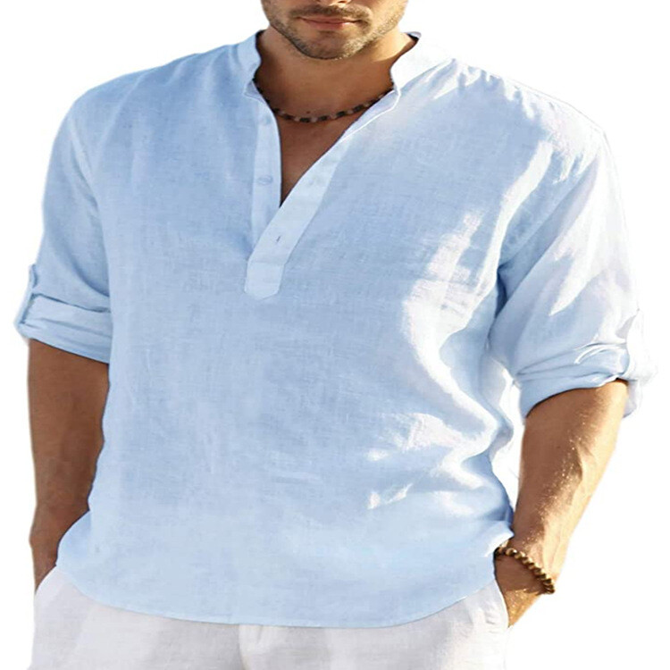 Mens Cotton Linen Long Sleeve Shirt Solid Loose Blouse Button Down Tops T Shirt gallery