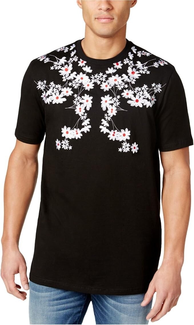 Hudson Mens Black Embroidered Floral T-Shirt Size 2XL
