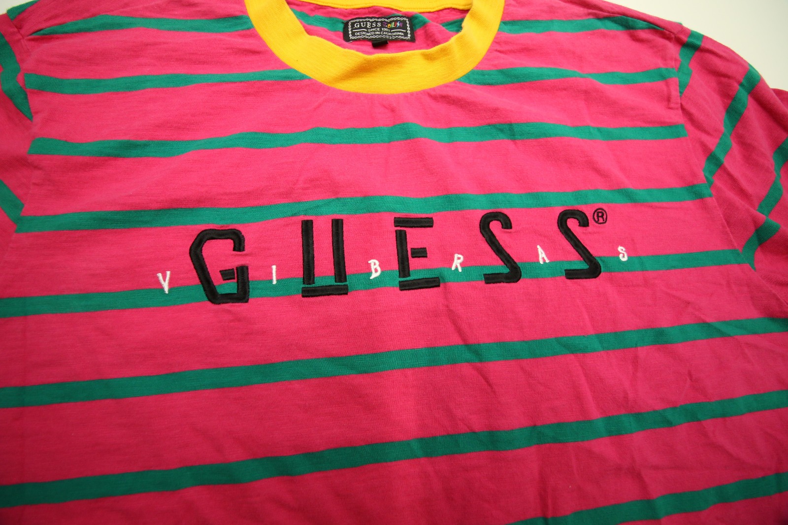 Guess x J Balvin Pink Green Stripe Embroidered Vibras T-Shirt Mens XL gallery