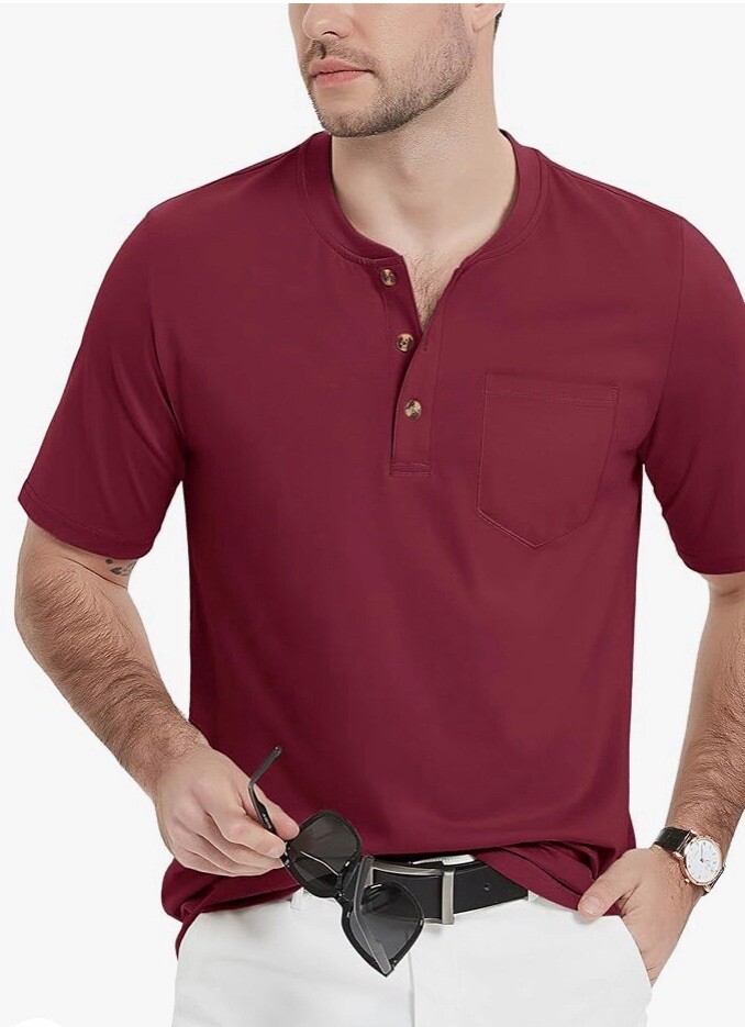 MAGCOMSEN Men's Henley Shirts Short Sleeve Pocket Tee Shirts Wine Red Size 2XL gallery
