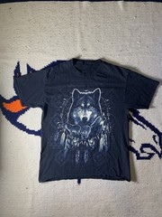 Vintage Y2K Nature Wolf Native Bog Print Black Shirt Size Medium!!