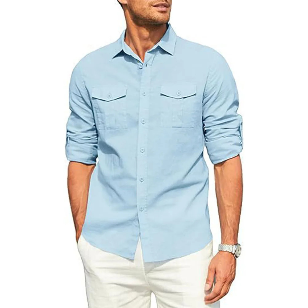 Men’s Cotton Linen Double Pocket Shirt Breathable Casual Smart Fit Holiday Gift gallery