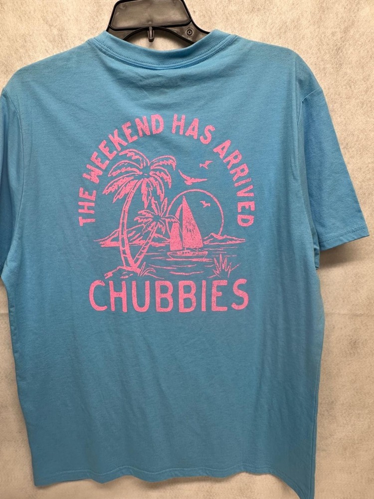 Chubbies Graphic Tee Shirt Mens Medium Blue The Weekend Has Arrived Beach Retro
