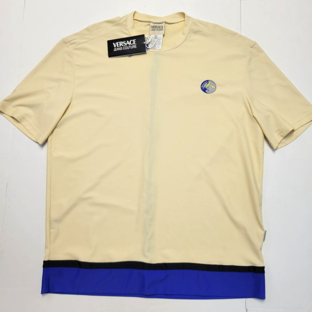 $195 New VERSACE JEANS COUTURE Nylon Blend Crew Neck T-Shirt Men XL Cream Blue