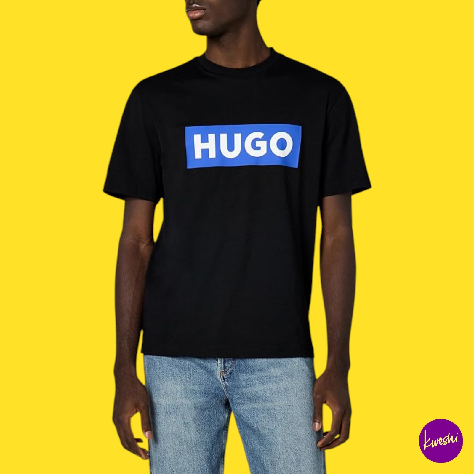 HUGO Men’s Nico Cotton-Jersey T-Shirt, Blue Logo Print, Black, UK XXL | EU 56