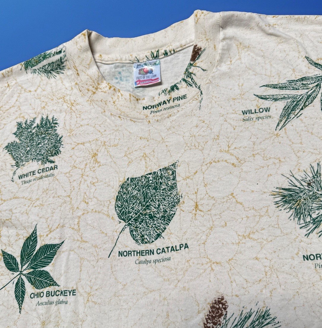 VTG Single Stitch Shirt Fruit Of The Loom Mens Medium White Botanical Plants AOP gallery
