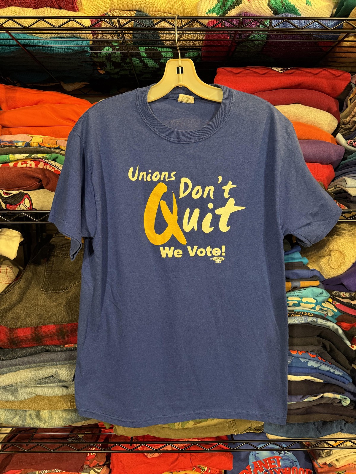 Vintage Plains Shirt Mens Medium Blue Unions Don't Quit We Vote Graphic Tee 80s gallery