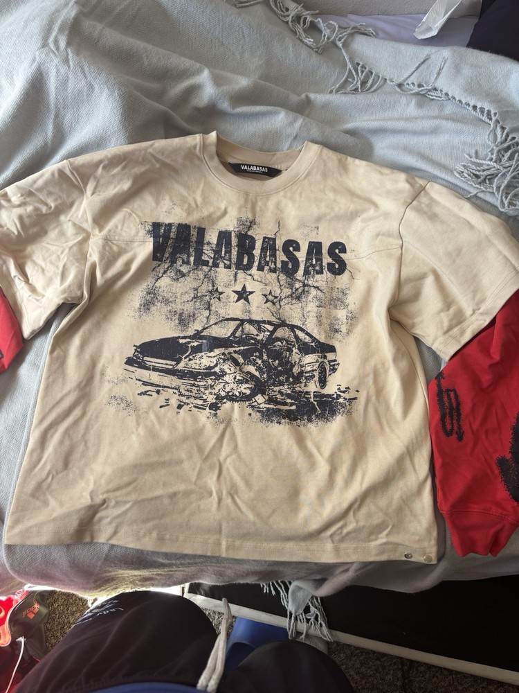 Valabasas Men’s Beige Graphic Print Logo Crew Neck Short Sleeve T-Shirt Size S