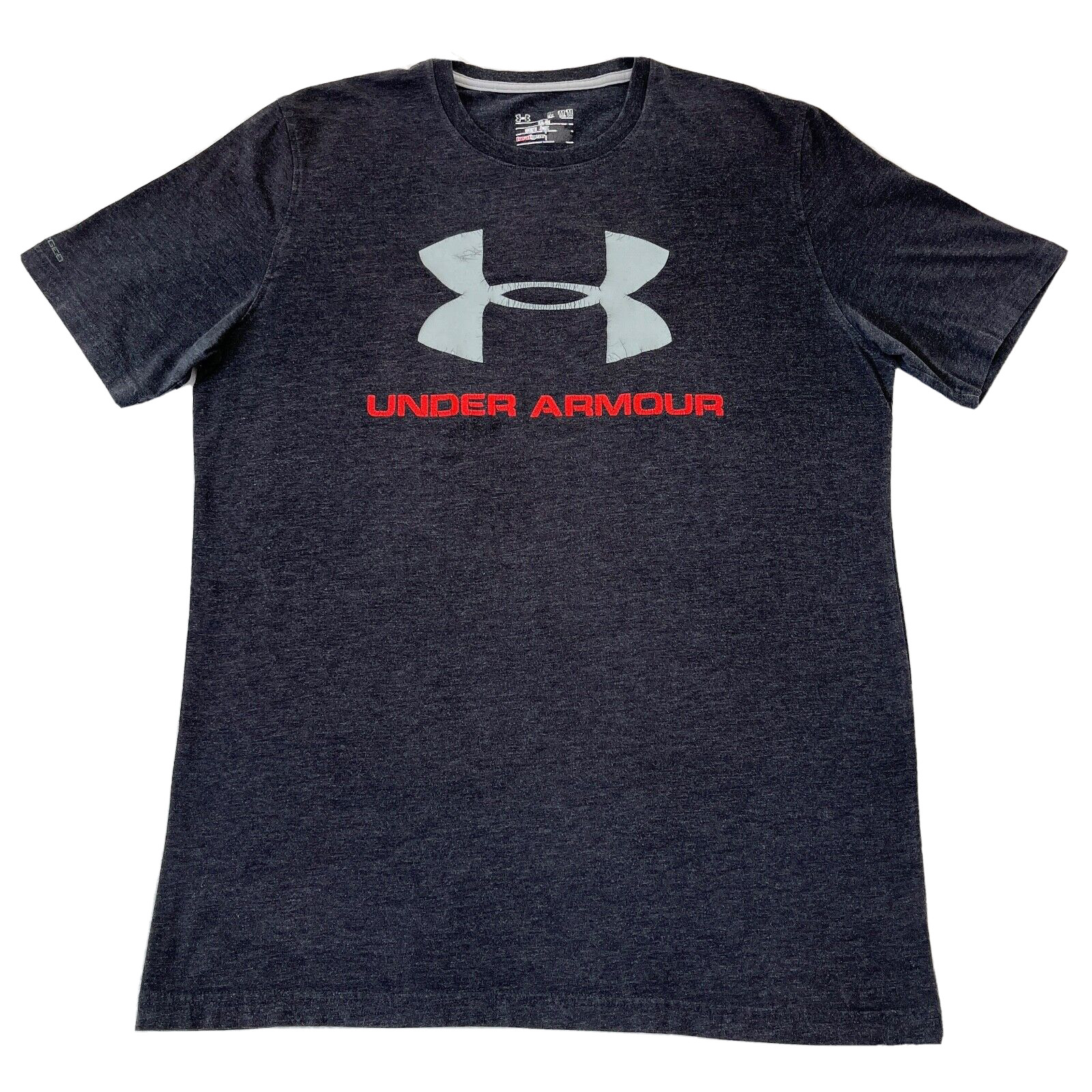 Under Armour Shirt Mens Medium Black Red Spell Out UA Logo Heat Gear Outdoors B2