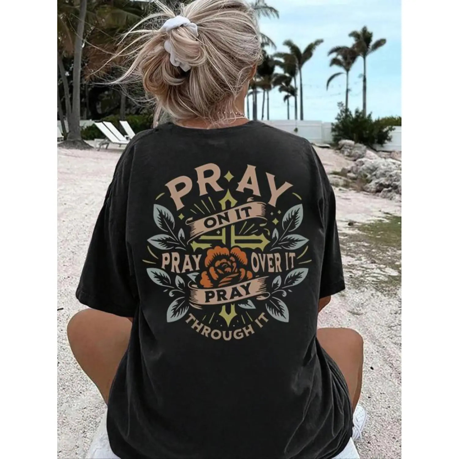 Women Floral Letter Print Drop Shoulder Tee Casual Half Sleeve Round black Tshir gallery