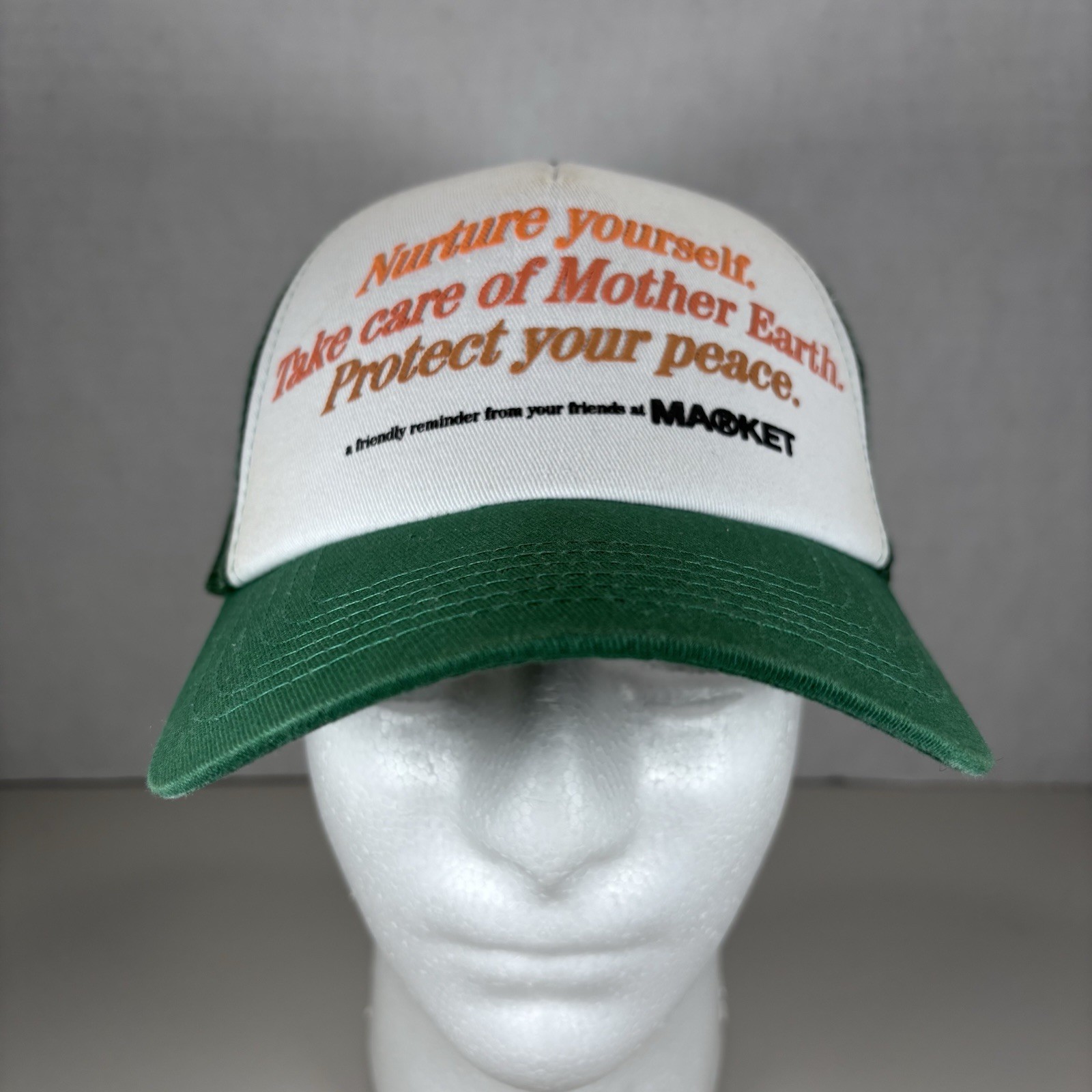 MA®KET Trucker Hat Green White Nurture Yourself Protect Peace Mesh Snapback gallery