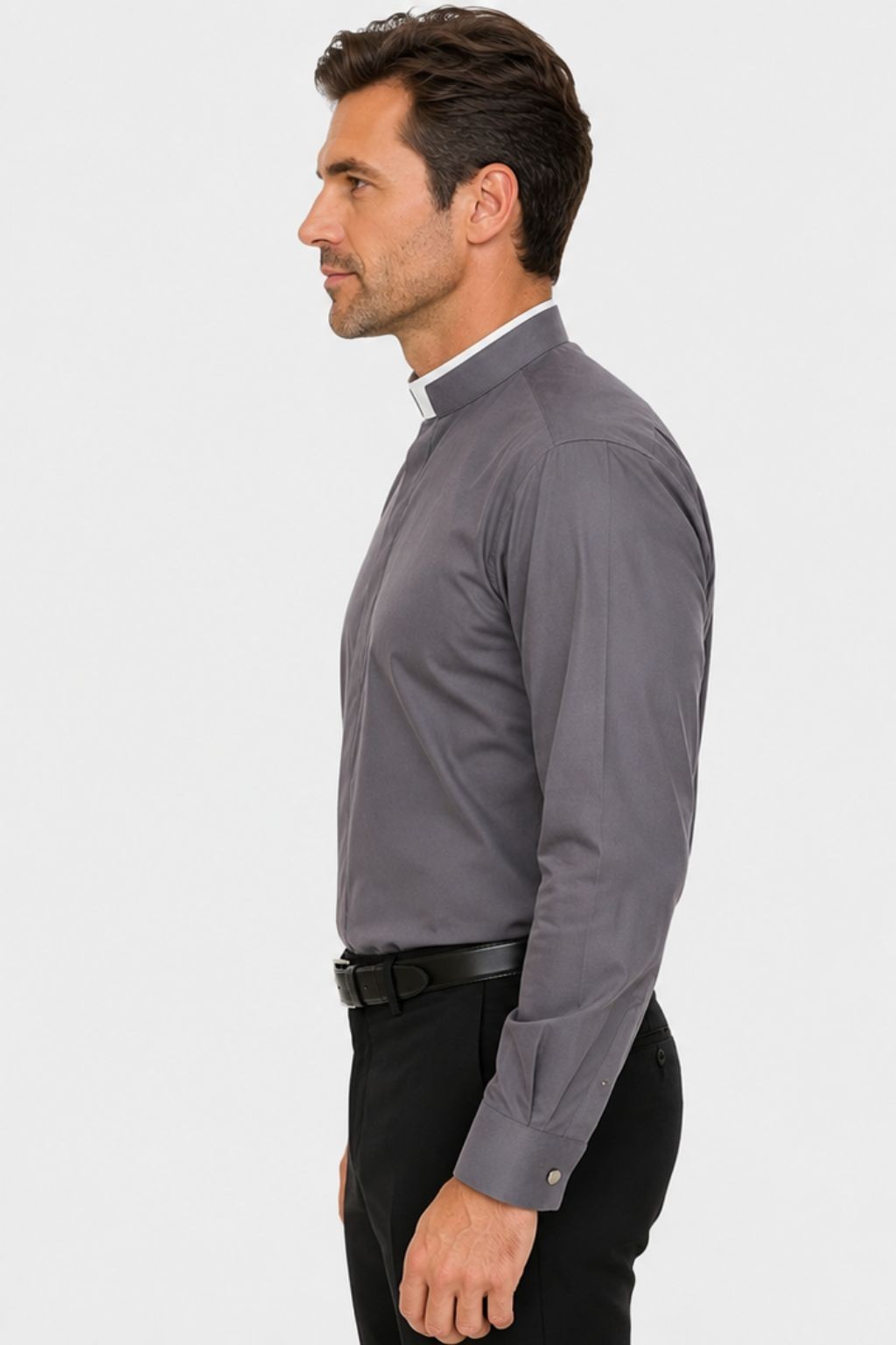 Men's Clergy Shirt Roman Collar Long Sleeve Grey Pastor Priest Church Wear gallery