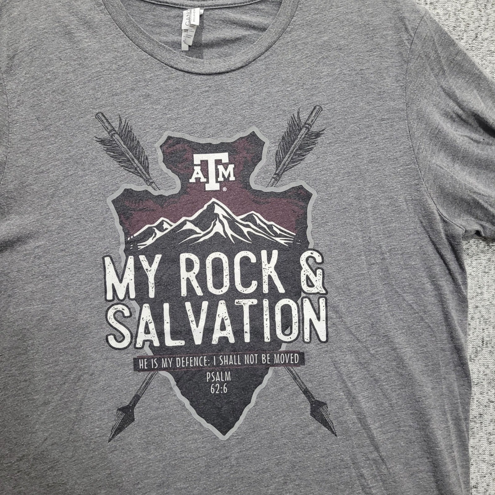 Texas AM Bella Canvas Grey T-Shirt My Rock Salvation Psalm 62:6 Aggies Mens L gallery