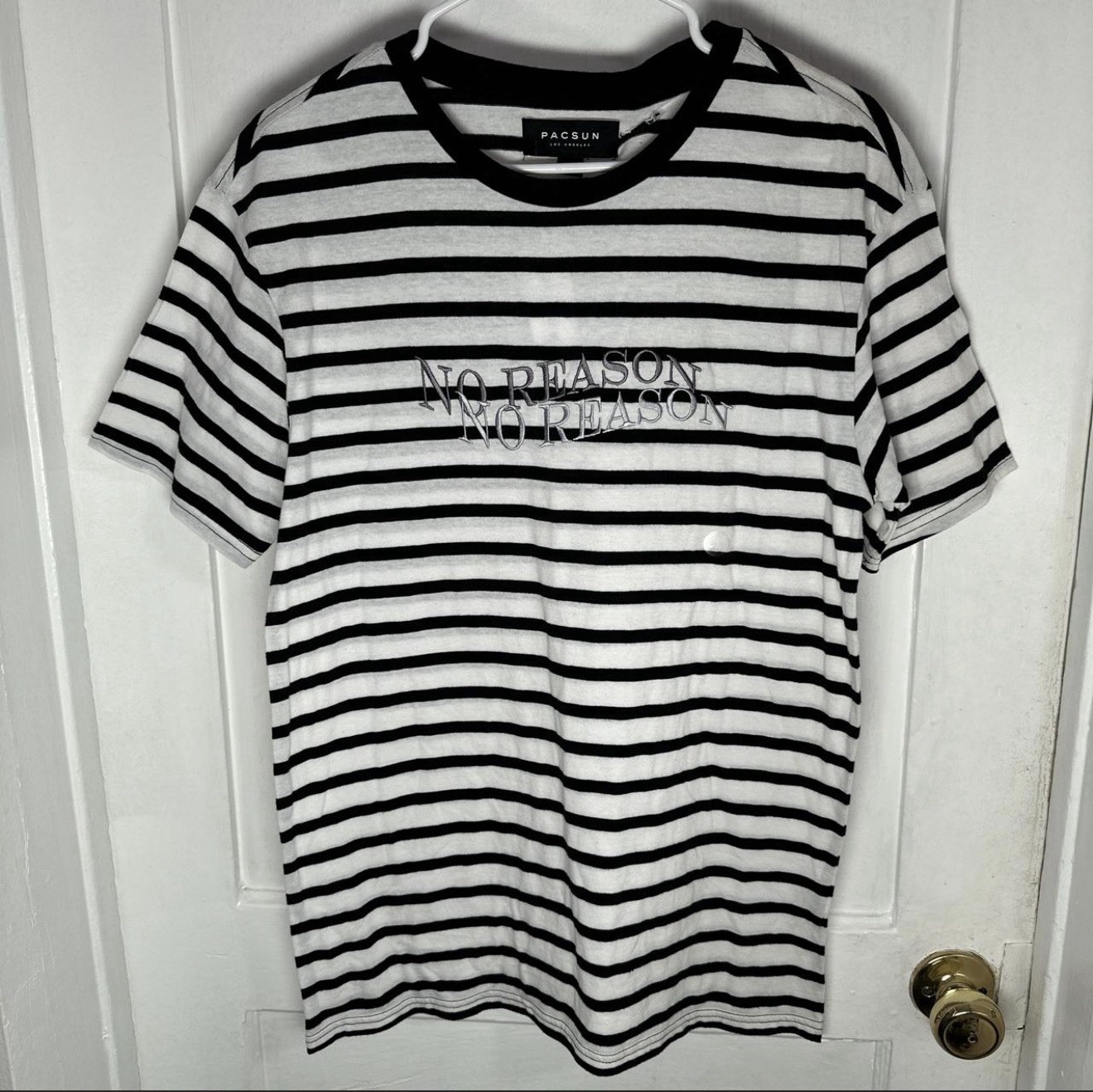 PacSun Men’s M Black/White Striped “No Reason” Crew Neck T-Shirt