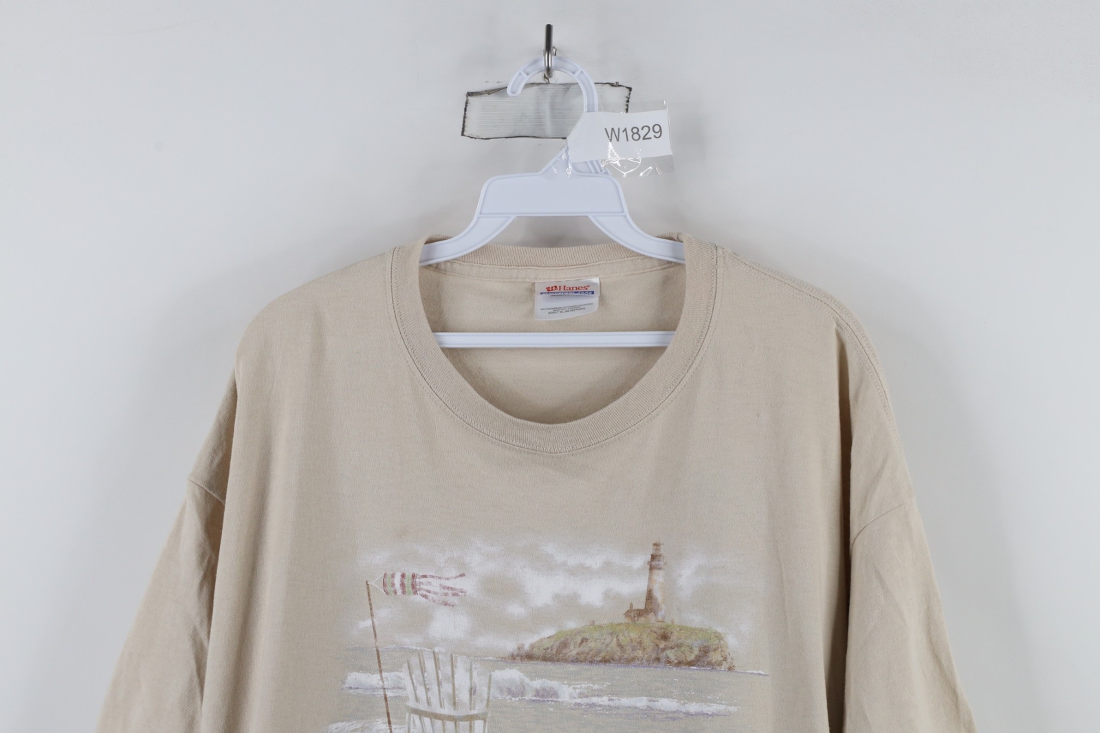 Vintage 90s Streetwear Mens XL Distressed Beach Lighthouse T-Shirt Beige Cotton gallery