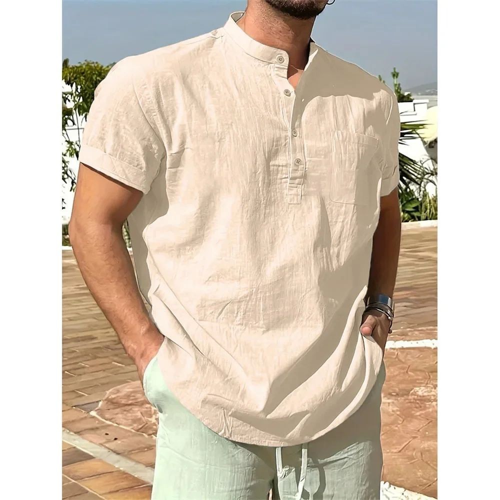Men's Cotton Linen Henley Shirt Short Sleeve Casual Summer Tee gallery