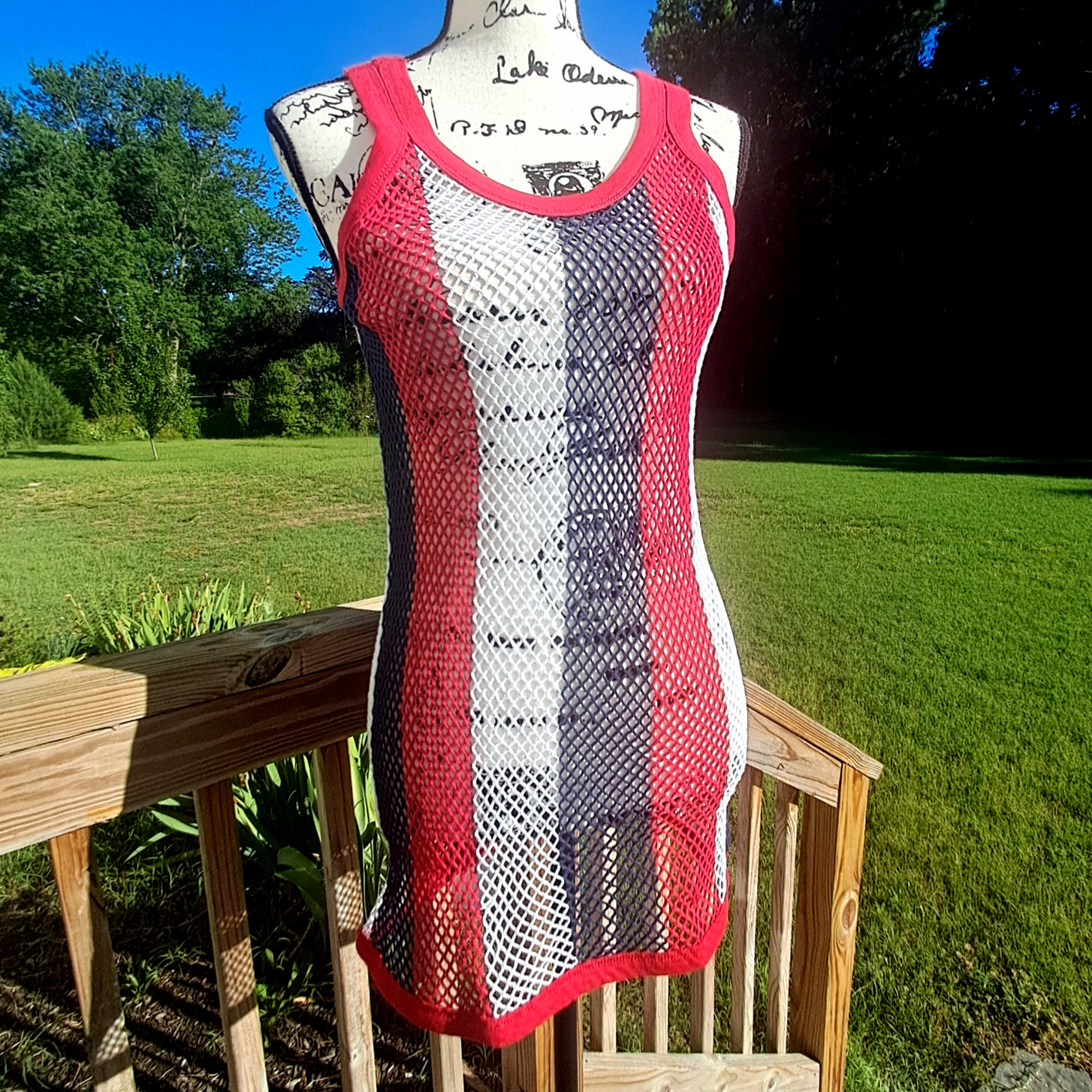 Vintage Trends String Vest Mesh Fishnet Tank Top Dress Large Patriotic USA Flag gallery
