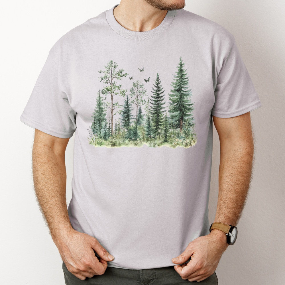 Forest Trees Shirt Watercolor Pine Nature Landscape Birds Tshirt gray gallery