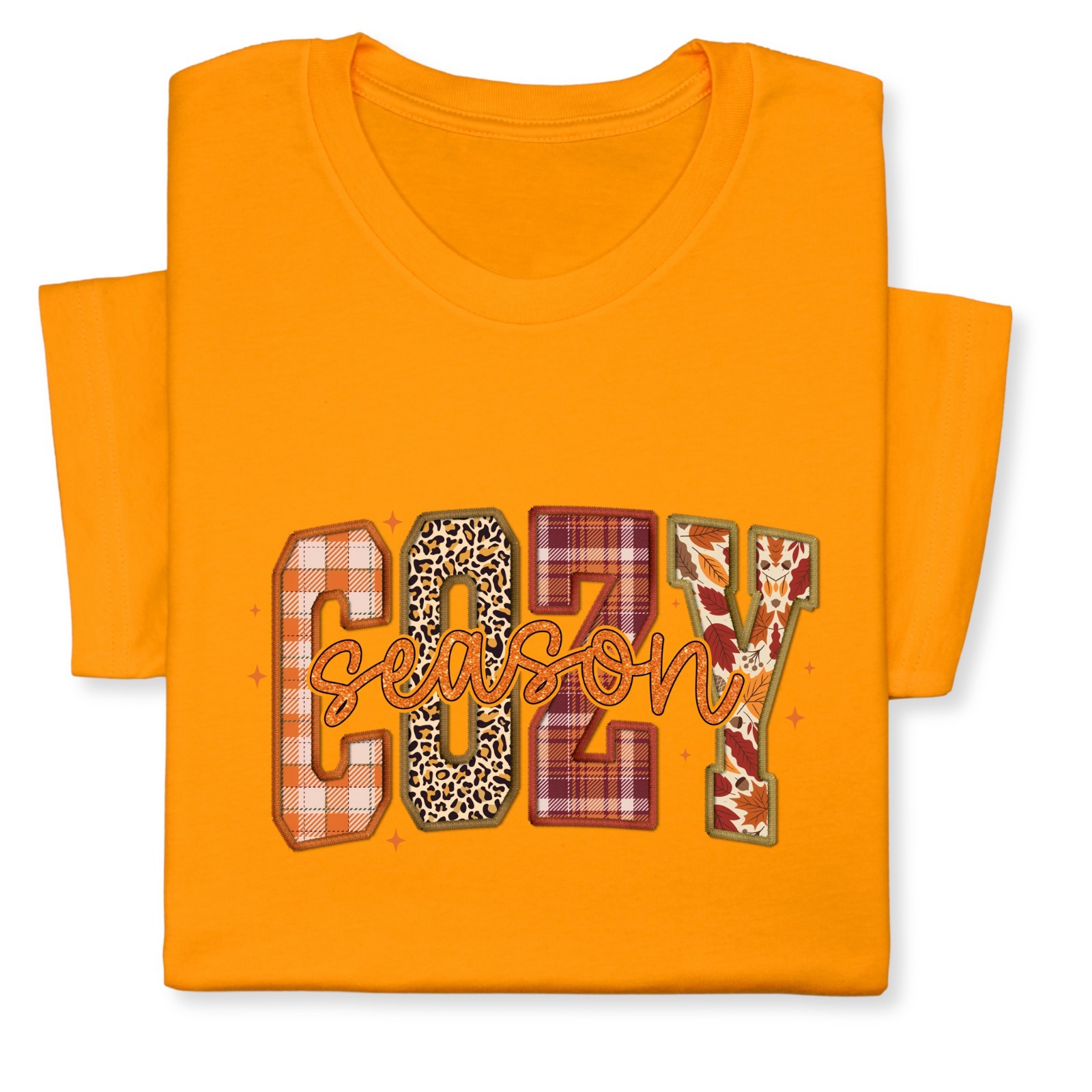 Cozy Season Fall T-Shirt – Autumn Plaid & Leopard Patchwork Tee gallery